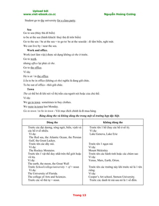 Upload bởi
www.viet-ebook.co.cc Nguyễn Hoàng Cương
Trang 13
Student go to the university for a class party.
Sea
Go to sea (thủy thủ đi biển)
to be at the sea (hành khách/ thuỷ thủ đi trên biển)
Go to the sea / be at the sea = to go to/ be at the seaside : đi tắm biển, nghỉ mát.
We can live by / near the sea.
Work and office.
Work (nơi làm việc) được sử dụng không có the ở trước.
Go to work.
nhưng office lại phải có the.
Go to the office.
Ví dụ:
He is at / in the office.
N ếu to be in office (không có the) nghĩa là đang giữ chức.
To be out of office - thôi giữ chức.
Town
The có thể bỏ đi khi nói về thị trấn của người nói hoặc của chủ thể.
Ví dụ:
We go to town sometimes to buy clothes.
We were in town last Monday.
Go to town / to be in town - Với mục đích chính là đi mua hàng.
Bảng dùng the và không dùng the trong một số trường hợp đặc biệt.
Dùng the Không dùng the
Trước các đại dương, sông ngòi, biển, vịnh và
các hồ ở số nhiều.
Ví dụ:
The Red sea, the Atlantic Ocean, the Persian
Gulf, the Great Lackes.
Trước tên các dãy núi.
Ví dụ:
The Rockey Moutains.
Trước tên 1 vật thể duy nhất trên thế giới hoặc
vũ trụ.
Ví dụ:
The earth, the moon, the Great Wall
Trước School/college/university + of + noun
Ví dụ:
The University of Florida.
The college of Arts and Sciences.
Trước các số thứ tự + noun.
Trước tên 1 hồ (hay các hồ ở số ít).
Ví dụ:
Lake Geneva, Lake Erie
Trước tên 1 ngọn núi
Ví dụ:
Mount Mckinley
Trước tên các hành tinh hoặc các chùm sao
Ví dụ:
Venus, Mars, Earth, Orion.
Trước tên các trường này khi trước nó là 1 tên
riêng.
Ví dụ:
Cooper’s Art school, Stetson University.
Trước các danh từ mà sau nó là 1 số đếm.
 