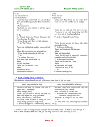 Upload bởi
www.viet-ebook.co.cc Nguyễn Hoàng Cương
Trang 14
Ví dụ:
The first world war.
The third chapter.
Trước các cuộc chiến tranh khu vực với điều
kiện tên các khu vực đó phải được tính từ hoá.
Ví dụ:
The Korean war.
Trước tên các nước có từ 2 từ trở lên. N goại
trừ Great Britain.
Ví dụ:
The United States, the United Kingdom, the
Central Africal Republic.
Trước tên các nước được coi là 1 quần đảo.
Ví dụ: The Philipin.
Trước các tài liệu hoặc sự kiện mang tính lịch
sử.
Ví dụ: The constitution, the Magna Carta.
Trước tên các nhóm dân tộc thiểu số.
Ví dụ:
The Indians, the Aztecs.
N ên dùng trước tên các nhạc cụ.
Ví dụ:
To play the piano.
Trước tên các môn học cụ thể.
Ví dụ:
The applied Math.
The theoretical Physics.
Ví dụ:
World war one
chapter three.
Không nên dùng trước tên các cuộc chiến
tranh khu vực nếu tên khu vực để nguyên.
Trước tên các nước có 1 từ như : Sweden,
Venezuela và các nước được đứng trước bởi
new hoặc tính từ chỉ phương hướng.
Ví dụ: N ew Zealand, South Africa.
Trước tên các lục địa, tiểu bang, tỉnh, thành
phố, quận, huyện.
Ví dụ: Europe, California.
Trước tên bất cứ môn thể thao nào.
Ví dụ:
Base ball, basket ball.
Trước tên các danh từ mang tính trừu tượng
trừ những trường hợp đặc biệt.
Ví dụ: Freedom, happiness.
Trước tên các môn học chung.
Ví dụ:
Mathematics, Sociology.
Trước tên các ngày lễ, tết.
Ví dụ:
Christmas, thanksgiving.
1.3 Cách sử dụng Other và another.
Hai từ này tuy giống nhau về mặt ngữ nghĩa nhưng khác nhau về mặt ngữ pháp.
Dùng với danh từ đếm được Dùng vói danh từ không đếm được
another + dtđ2
số it = 1 cái nữa, 1 cái khác, 1
người nữa, 1 người khác.
Ví dụ: another pencil
other + dtđ2
số nhiều = mấy cái nữa, mấy cái
khác, mấy người nữa, mấy người khác.
Ví dụ: other pencils = some more.
the other + dtđ2
số nhiều = những cái cuối
cùng, những người cuối cùng còn lại.
Ví dụ: the other pencils = all remaining pencils
the other + dt đ2
số ít = người cuối cùng, cái
cuối cùng của 1 bộ, 1 nhóm.
other + dt không đ2
= 1 chút nữa.
Ví dụ: other water = some more water.
other beer = some more beer.
the other + dt không đ2
= chỗ còn sót lại.
Ví dụ:
The other beer = the remaining beer. (chỗ bia
còn lại)
- Another và other là không xác định trong khi the other là xác định. N ếu danh từ hoặc chủ ngữ ở
trên đã được hiểu hoặc được nhắc đến, chỉ cần dùng another và other như 1 đại từ là đủ.
 