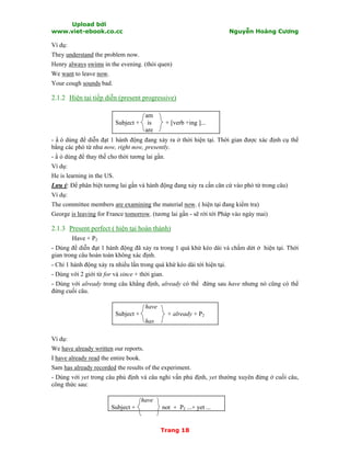 Upload bởi
www.viet-ebook.co.cc Nguyễn Hoàng Cương
Trang 18
Ví dụ:
They understand the problem now.
Henry always swims in the evening. (thói quen)
We want to leave now.
Your cough sounds bad.
2.1.2 Hiện tại tiếp diễn (present progressive)
am
Subject + is + [verb +ing ]...
are
- N ó dùng để diễn đạt 1 hành động đang xảy ra ở thời hiện tại. Thời gian được xác định cụ thể
bằng các phó từ như now, right now, presently.
- N ó dùng để thay thế cho thời tương lai gần.
Ví dụ:
He is learning in the US.
Lưu ý: Để phân biệt tương lai gần và hành động đang xảy ra cần căn cứ vào phó từ trong câu)
Ví dụ:
The committee members are examining the material now. ( hiện tại đang kiểm tra)
George is leaving for France tomorrow. (tương lai gần - sẽ rời tới Pháp vào ngày mai)
2.1.3 Present perfect ( hiện tại hoàn thành)
Have + P2
- Dùng để diễn đạt 1 hành động đã xảy ra trong 1 quá khứ kéo dài và chấm dứt ở hiện tại. Thời
gian trong câu hoàn toàn không xác định.
- Chỉ 1 hành động xảy ra nhiều lần trong quá khứ kéo dài tới hiện tại.
- Dùng với 2 giới từ for và since + thời gian.
- Dùng với already trong câu khẳng định, already có thể đứng sau have nhưng nó cũng có thể
đứng cuối câu.
have
Subject + + already + P2
has
Ví dụ:
We have already written our reports.
I have already read the entire book.
Sam has already recorded the results of the experiment.
- Dùng với yet trong câu phủ định và câu nghi vấn phủ định, yet thường xuyên đứng ở cuối câu,
công thức sau:
have
Subject + not + P2 ...+ yet ...
 