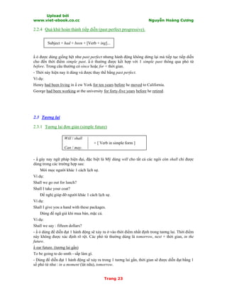 Upload bởi
www.viet-ebook.co.cc Nguyễn Hoàng Cương
Trang 23
2.2.4 Quá khứ hoàn thành tiếp diễn (past perfect progressive).
Subject + had + been + [Verb + ing]...
N ó được dùng giống hệt như past perfect nhưng hành động không dừng lại mà tiếp tục tiếp diễn
cho đến thời điểm simple past. N ó thường được kết hợp với 1 simple past thông qua phó từ
before. Trong câu thường có since hoặc for + thời gian.
- Thời này hiện nay ít dùng và được thay thế bằng past perfect.
Ví dụ:
Henry had been living in N ew York for ten years before he moved to California.
George had been working at the university for forty-five years before he retired.
2.3 Tương lai
2.3.1 Tương lai đơn giản (simple future)
Will / shall
+ [ Verb in simple form ]
Can / may.
- N gày nay ngữ pháp hiện đại, đặc biệt là Mỹ dùng will cho tất cả các ngôi còn shall chỉ được
dùng trong các trường hợp sau:
Mời mọc người khác 1 cách lịch sự.
Ví dụ:
Shall we go out for lunch?
Shall I take your coat?
Đề nghị giúp đỡ người khác 1 cách lịch sự.
Ví dụ:
Shall I give you a hand with these packages.
Dùng để ngã giá khi mua bán, mặc cả.
Ví dụ:
Shall we say : fifteen dollars?
- N ó dùng để diễn đạt 1 hành động sẽ xảy ra ở vào thời điểm nhất định trong tương lai. Thời điểm
này không được xác định rõ rệt. Các phó từ thường dùng là tomorrow, next + thời gian, in the
future.
N ear future. (tương lai gần)
To be going to do smth - sắp làm gì.
- Dùng để diễn đạt 1 hành động sẽ xảy ra trong 1 tương lai gần, thời gian sẽ được diễn đạt bằng 1
số phó từ như : in a moment (lát nữa), tomorrow.
 