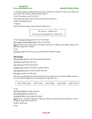 Upload bởi
www.viet-ebook.co.cc Nguyễn Hoàng Cương
Trang 28
- N ếu động từ đằng sau những danh từ này chia ở ngôi thứ 3 số nhiều thì nó ám chỉ các thành viên
của tổ chức hoặc nhóm đó đang hoạt động riêng rẽ.
Ví dụ: The congress votes for the bill.
The congress are discussing the bill (some agree but some don’t).
(TOEFL không bắt lỗi này)
* Majority
Danh từ này được dùng tuỳ theo danh từ đi đằng sau nó.
The majority + singular verb
The majority of the plural noun + plural verb.
Ví dụ: The majority believes that we are in no danger.
The majority of the students believe him to be innocent.
Lưu ý: Danh từ police luôn được coi là danh từ ngôi thứ 3 số nhiều do vậy động từ đằng sau nó
phải chia ở ngôi thứ 3 số nhiều.
Ví dụ:
The police come to the crime scene at good time and arrested a suspect.
Một số thí dụ:
The committee has met, and it has rejected the proposal.
The family was elated by the news.
The crowd was wild with excitement.
Congress has initiated a new plan to combat inflation.
The organization has lost many members this year.
Our team is going to win the game.
Các cụm từ trong bảng dưới đây chỉ một nhóm gia súc động vật cho dù danh từ đằng sau giới từ
of có ở số nhiều thì động từ sau đó vẫn phải chia ở ngôi thứ 3 số ít.
flock of birds, sheep herd of cattle pack of dogs school of fish pride of lions
Ví dụ:
The flock of birds is circling overhead.
The herd of cattle is breaking away.
A school of fish is being attacked by sharks.
Lưu ý: Tất cả các danh từ tập hợp chỉ thời gian, tiền bạc, số đo đều đòi hỏi các động từ - đại từ -
bổ ngữ đi cùng nó phải ở ngôi số ít.
(TOEFL bắt lỗi này).
Ví dụ:
 