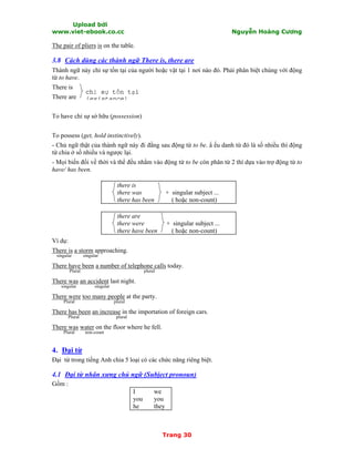 Upload bởi
www.viet-ebook.co.cc Nguyễn Hoàng Cương
Trang 30
The pair of pliers is on the table.
3.8 Cách dùng các thành ngữ There is, there are
Thành ngữ này chỉ sự tồn tại của người hoặc vật tại 1 nơi nào đó. Phải phân biệt chúng với động
từ to have.
There is
There are
To have chỉ sự sở hữu (possession)
To possess (get, hold instinctively).
- Chủ ngữ thật của thành ngữ này đi đằng sau động từ to be. N ếu danh từ đó là số nhiều thì động
từ chia ở số nhiều và ngược lại.
- Mọi biến đổi về thời và thể đều nhằm vào động từ to be còn phân từ 2 thì dựa vào trợ động từ to
have/ has been.
there is
there was + singular subject ...
there has been ( hoặc non-count)
there are
there were + singular subject ...
there have been ( hoặc non-count)
Ví dụ:
There is a storm approaching.
singular singular
There have been a number of telephone calls today.
Plural plural
There was an accident last night.
singular singular
There were too many people at the party.
Plural plural
There has been an increase in the importation of foreign cars.
Plural plural
There was water on the floor where he fell.
Plural non-count
4. Đại từ
Đại từ trong tiếng Anh chia 5 loại có các chức năng riêng biệt.
4.1 Đại từ nhân xưng chủ ngữ (Subject pronoun)
Gồm :
I we
you you
he they
chỉ sự tồn tại
(existance)
 