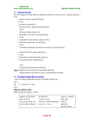 Upload bởi
www.viet-ebook.co.cc Nguyễn Hoàng Cương
Trang 36
5.3 3 động từ đặc biệt
Đó là các động từ mà ngữ nghĩa của chúng thay đổi khi tân ngữ sau nó là 1 nguyên thể hoặc 1
Ving.
Stop to do smth : dừng lại để làm gì.
Ví dụ:
He stops to get gasoline.
Stop doing smth : dừng việc gì đang làm lại.
Ví dụ:
He stops writing and goes out.
Remember to do smth : nhớ sẽ phải làm gì.
Ví dụ:
I remember to send a letter at the post office.
Remember doing smth : nhớ đã làm gì.
Ví dụ:
I remember locking the door before leaving but I can’t find the key.
Forget to do smth : quên sẽ phải làm gì.
Ví dụ:
He forgets to call his friend this afternoon.
Forget doing smth : quên đã làm gì.
Ví dụ:
I forget doing the homework yesterday.
Lưu ý: Động từ forget trong mẫu câu mang nghĩa phủ định.
I forget getting to the airport to meet my girl-friend this morning.
5.4 Các động từ đứng đằng sau giới từ
- Tất cả các động từ đứng đằng sau giới từ đều phải ở dạng Ving.
verb
adj. + preposition + Ving
noun
Động từ + giới từ + Ving
Bảng sau gồm các động từ + giới từ.
approve of: tán thành
give up: từ bỏ
rely on: phụ thuộc vào
worry about: lo lắng về
be better off:
insist on: nài nỉ
succeed in: thành công trong
count on = rely on
keep on = continue
think about
think of
depend on
put off: trì hoãn
 