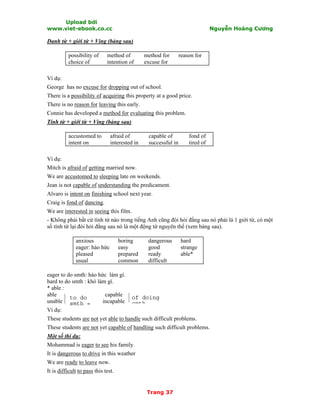 Upload bởi
www.viet-ebook.co.cc Nguyễn Hoàng Cương
Trang 37
Danh từ + giới từ + Ving (bảng sau)
possibility of
choice of
method of
intention of
method for
excuse for
reason for
Ví dụ:
George has no excuse for dropping out of school.
There is a possibility of acquiring this property at a good price.
There is no reason for leaving this early.
Connie has developed a method for evaluating this problem.
Tính từ + giới từ + Ving (bảng sau)
accustomed to
intent on
afraid of
interested in
capable of
successful in
fond of
tired of
Ví dụ:
Mitch is afraid of getting married now.
We are accustomed to sleeping late on weekends.
Jean is not capable of understanding the predicament.
Alvaro is intent on finishing school next year.
Craig is fond of dancing.
We are interested in seeing this film.
- Không phải bất cứ tính từ nào trong tiếng Anh cũng đòi hỏi đắng sau nó phải là 1 giới từ, có một
số tính từ lại đòi hỏi đằng sau nó là một động từ nguyên thể (xem bảng sau).
anxious
eager: háo hức
pleased
usual
boring
easy
prepared
common
dangerous
good
ready
difficult
hard
strange
able*
eager to do smth: háo hức làm gì.
hard to do smth : khó làm gì.
* able :
able capable
unable incapable
Ví dụ:
These students are not yet able to handle such difficult problems.
These students are not yet capable of handling such difficult problems.
Một số thí dụ:
Mohammad is eager to see his family.
It is dangerous to drive in this weather
We are ready to leave now.
It is difficult to pass this test.
to do
smth =
of doing
smth
 