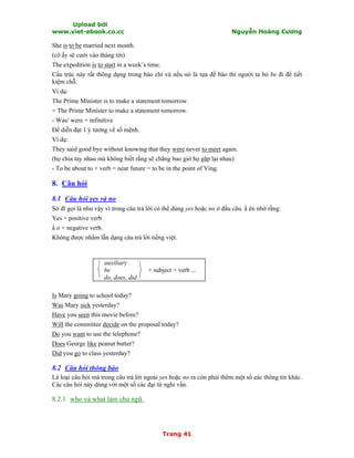 Upload bởi
www.viet-ebook.co.cc Nguyễn Hoàng Cương
Trang 41
She is to be married next month.
(cô ấy sẽ cưới vào tháng tới)
The expedition is to start in a week’s time.
Cấu trúc này rất thông dụng trong báo chí và nếu nó là tựa đề báo thì người ta bỏ be đi để tiết
kiệm chỗ.
Ví dụ:
The Prime Minister is to make a statement tomorrow.
= The Prime Minister to make a statement tomorrow.
- Was/ were + infinitive
Để diễn đạt 1 ý tưởng về số mệnh.
Ví dụ:
They said good bye without knowing that they were never to meet again.
(họ chia tay nhau mà không biết rằng sẽ chẳng bao giờ họ gặp lại nhau)
- To be about to + verb = near future = to be in the point of Ving.
8. Câu hỏi
8.1 Câu hỏi yes và no
Sở dĩ gọi là như vậy vì trong câu trả lời có thể dùng yes hoặc no ở đầu câu. N ên nhớ rằng:
Yes + positive verb
N o + negative verb.
Không được nhầm lẫn dạng câu trả lời tiếng việt.
auxiliary
be + subject + verb ...
do, does, did
Is Mary going to school today?
Was Mary sick yesterday?
Have you seen this movie before?
Will the committee decide on the proposal today?
Do you want to use the telephone?
Does George like peanut butter?
Did you go to class yesterday?
8.2 Câu hỏi thông báo
Là loại câu hỏi mà trong câu trả lời ngoài yes hoặc no ra còn phải thêm một số các thông tin khác.
Các câu hỏi này dùng với một số các đại từ nghi vấn.
8.2.1 who và what làm chủ ngữ.
 