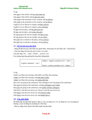 Upload bởi
www.viet-ebook.co.cc Nguyễn Hoàng Cương
Trang 45
Ví dụ:
Jane goes to that school, and my sister does too.
Jane goes to that school, and so does my sister.
John went to the mountains on his vacation, and we did too.
John went to the mountains on his vacation, and so did we.
I will be in N ew Mexico in August, and they will too.
I will be in N ew Mexico in August, and so will they.
He has seen her plays, and the girls have too.
He has seen her plays, and so have the girls.
We are going to the movies tonight, and Suzy is too.
We are going to the movies tonight, and so is Suzy.
She will wear a costume to the party, and we will too.
She will wear a costume to the party, and so will we.
9.2 Lối nói phụ hoạ phủ định
- Dùng để phụ hoạ lại ý phủ định của người khác, tương ứng với câu tiếng việt “ cũng không”.
- Cấu trúc dùng cho loại câu này là either và neither.
N ên nhớ rằng: Not ... either / Neither ... positive verb.
Các trường hợp dùng giống hệt công thức khẳng định.
Subject + negative auxiliary or be + either .
N egative statement + and +
Neither + positive auxiliary or be + subject.
Ví dụ:
I didn’t see Mary this morning. John didn’t see Mary this morning.
I didn’t see Mary this morning, and John didn’t either.
I didn’t see Mary this morning, and neither did John.
She won’t be going to the conference. Her colleagues won’t be going to the conference.
She won’t be going to the conference, and her colleagues won’t either.
She won’t be going to the conference, and neither will her colleagues.
John hasn’t seen the new movie yet. I haven’t seen the new movie yet.
John hasn’t seen the new movie yet, and I haven’t ether.
John hasn’t seen the new movie yet, and neither have I.
10. Câu phủ định
Để thành lập câu phủ định người ta đặt not vào sau động từ to be, trợ động từ to do của động từ
thường, và các trợ động từ của động từ ở thời kép.
- Đặt any đằng trước danh từ để nhấn mạnh cho phủ định.
 