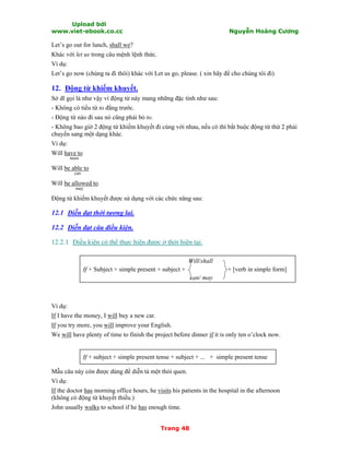 Upload bởi
www.viet-ebook.co.cc Nguyễn Hoàng Cương
Trang 48
Let’s go out for lunch, shall we?
Khác với let us trong câu mệnh lệnh thức.
Ví dụ:
Let’s go now (chúng ta đi thôi) khác với Let us go, please. ( xin hãy để cho chúng tôi đi)
12. Động từ khiếm khuyết.
Sở dĩ gọi là như vậy vì động từ này mang những đặc tính như sau:
- Không có tiểu từ to đằng trước.
- Động từ nào đi sau nó cũng phải bỏ to.
- Không bao giờ 2 động từ khiếm khuyết đi cùng với nhau, nếu có thì bắt buộc động từ thứ 2 phải
chuyển sang một dạng khác.
Ví dụ:
Will have to
must
Will be able to
can
Will be allowed to
may
Động từ khiếm khuyết được sử dụng với các chức năng sau:
12.1 Diễn đạt thời tương lai.
12.2 Diễn đạt câu điều kiện.
12.2.1 Điều kiện có thể thực hiện được ở thời hiện tại.
Will/shall
If + Subject + simple present + subject + + [verb in simple form]
can/ may
Ví dụ:
If I have the money, I will buy a new car.
If you try more, you will improve your English.
We will have plenty of time to finish the project before dinner if it is only ten o’clock now.
If + subject + simple present tense + subject + ... + simple present tense
Mẫu câu này còn được dùng để diễn tả một thói quen.
Ví dụ:
If the doctor has morning office hours, he visits his patients in the hospital in the afternoon
(không có động từ khuyết thiếu.)
John usually walks to school if he has enough time.
 