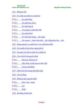 Upload bởi
www.viet-ebook.co.cc Nguyễn Hoàng Cương
Trang 5
++21. Động từ nối.
++22. So sánh của tính từ và danh từ
ββ 22.1 So sánh bằng.
ββ 22.2 So sánh hơn, kém
ββ 22.3 So sánh hợp lý
ββ 22.4 Các dạng so sánh đặc biệt
ββ 22.5 So sánh đa bộ
ββ 22.6 So sánh kép (càng ....thì càng)
ββ 22.7 No sooner ... than (vừa mới ... thì; chẳng bao lâu ... thì)
++23. Dạng nguyên, so sánh hơn và so sánh hơn nhất.
++24. Các danh từ làm chức năng tính từ
++25. Enough với tính từ, phó từ và danh từ
++26. Các từ nối chỉ nguyên nhân
ββ 26.1 Because/ because of
ββ 26.2 Mục đích và kết quả (so that- để)
ββ 26.3 Cause and effect
++27. Một số từ nối mang tính điều kiện
++28. Câu bị động
++29. Động từ gây nguyên nhân
ββ 29.1 Have/ get / make
ββ 29.2 Let
ββ 29.3 Help
++30. Ba động từ đặc biệt
 