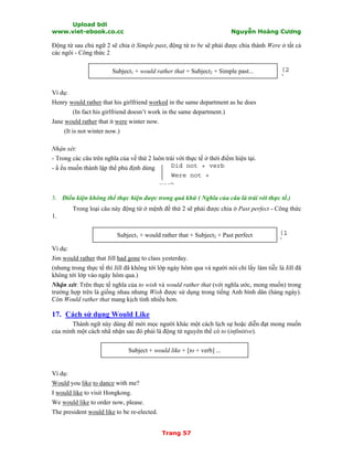 Upload bởi
www.viet-ebook.co.cc Nguyễn Hoàng Cương
Trang 57
Động từ sau chủ ngữ 2 sẽ chia ở Simple past, động từ to be sẽ phải được chia thành Were ở tất cả
các ngôi - Công thức 2
Subject1 + would rather that + Subject2 + Simple past...
Ví dụ:
Henry would rather that his girlfriend worked in the same department as he does
(In fact his girlfriend doesn’t work in the same department.)
Jane would rather that it were winter now.
(It is not winter now.)
Nhận xét:
- Trong các câu trên nghĩa của vế thứ 2 luôn trái với thực tế ở thời điểm hiện tại.
- N ếu muốn thành lập thể phủ định dùng
3. Điều kiện không thể thực hiện được trong quá khứ ( Nghĩa của câu là trái với thực tế.)
Trong loại câu này động từ ở mệnh đề thứ 2 sẽ phải được chia ở Past perfect - Công thức
1.
Subject1 + would rather that + Subject2 + Past perfect
Ví dụ:
Jim would rather that Jill had gone to class yesterday.
(nhưng trong thực tế thì Jill đã không tới lớp ngày hôm qua và người nói chỉ lấy làm tiễc là Jill đã
không tới lớp vào ngày hôm qua.)
Nhận xét: Trên thực tế nghĩa của to wish và would rather that (với nghĩa ước, mong muốn) trong
trường hợp trên là giống nhau nhưng Wish được sử dụng trong tiếng Anh bình dân (hàng ngày).
Còn Would rather that mang kịch tính nhiều hơn.
17. Cách sử dụng Would Like
Thành ngữ này dùng để mời mọc người khác một cách lịch sự hoặc diễn đạt mong muốn
của mình một cách nhã nhặn sau đó phải là động từ nguyên thể có to (infinitive).
Subject + would like + [to + verb] ...
Ví dụ:
Would you like to dance with me?
I would like to visit Hongkong.
We would like to order now, please.
The president would like to be re-elected.
Did not + verb
Were not +
verb
(2
)
(1
)
 