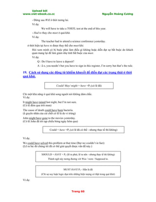 Upload bởi
www.viet-ebook.co.cc Nguyễn Hoàng Cương
Trang 60
- Đứng sau Will ở thời tương lai.
Ví dụ:
We will have to take a TOEFL test at the end of this year.
- Had to thay cho must ở quá khứ.
Ví dụ:
The teacher had to attend a science conference yesterday.
ở thời hiện tại have to được thay thế cho must khi:
Hỏi xem mình có bị buộc phải làm điều gì không hoặc diễn đạt sự bắt buộc do khách
quan mang lại để làm giảm nhẹ tính bắt buộc của must.
Ví dụ:
Q : Do I have to leave a deposit?
A : N o, you needn’t but you have to sign in this register, I’m sorry but that’s the rule.
19. Cách sử dụng các động từ khiếm khuyết để diến đạt các trạng thái ở thời
quá khứ.
Could/ May/ might + have +P2 (có lẽ đã)
Chỉ một khả năng ở quá khứ song người nói không dám chắc.
Ví dụ:
It might have rained last night, but I’m not sure.
(Có lẽ đêm qua trời mưa)
The cause of death could have been bacteria.
(N guyên nhân của cái chết có lẽ là do vi trùng)
John might have gone to the movies yesterday.
(Có lẽ John đã tới rạp chiếu bóng ngày hôm qua)
Could + have +P2 (có lẽ đã có thể - nhưng thực tế thì không)
Ví dụ:
We could have solved this problem at that time (But we couldn’t in fact)
(Lẽ ra lúc đó chúng tôi đã có thể giải quyết được vấn đề này.)
SHOULD + HAVE + P2 (lẽ ra phải, lẽ ra nên - nhưng thực tế thì không)
Thành ngữ này tương đương với Was / were / Supposed to.
MUST HAVE P2 - Hẳn là đã
(Chỉ sự suy luận logic dựa trên những hiện tượng có thật trong quá khứ)
Ví dụ:
 