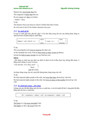 Upload bởi
www.viet-ebook.co.cc Nguyễn Hoàng Cương
Trang 68
Marjorie has more books than Sue.
This magazine is better than that one.
He acts worse now than ever before.
+ further = more.
Ví dụ:
The distance from your house to school is farther than that of mine.
He will come to the US for further education next year.
22.5 So sánh đa bộ
Là loại so sánh gấp rưỡi, gấp đôi, gấp 3. N ên nhớ rằng trong cấu trúc này không được dùng so
sánh hơn kém mà phải dùng so sánh bằng.
Subject + verb + bội số + as +
much
+ noun + as +
many
noun
pronoun
Ví dụ:
This encyclopedia costs twice as much as the other one.
At the clambake last week, Fred ate three times as many oysters as Barney.
Jerome has half as many records now as I had last year.
Lưu ý:
- Khi dùng so sánh loại này phải xác định rõ danh từ đó là đếm được hay không đếm được vì
đằng trước chúng có much và many.
- Các cấu trúc twice that much ...
many
(gấp đôi số đó)
chỉ được dùng trong văn nói, tuyệt đối không được dùng trong văn viết.
Ví dụ:
We had expected eighty people at the rally, but twice that many showed up. (văn nói)
We had expected eighty people at the rally, but twice as many as that number showed up. (văn
viết)
22.6 So sánh kép (càng ....thì càng)
N hững câu này bắt đầu bằng một cấu trúc so sánh hơn, và do đó mệnh đề thứ 2 cũng phải bắt đầu
bằng một cấu trúc so sánh hơn.
The + comparative + subject + verb + the comparative + subject + verb
Ví dụ:
The hotter it is, the more miserable I feel.
The higher we flew, the worse Edna felt.
 