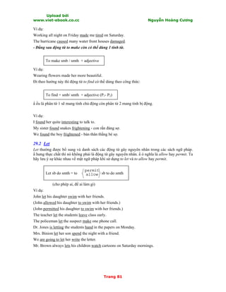 Upload bởi
www.viet-ebook.co.cc Nguyễn Hoàng Cương
Trang 81
Ví dụ:
Working all night on Friday made me tired on Saturday.
The hurricane caused many water front houses damaged.
- Đằng sau động từ to make còn có thể dùng 1 tính từ.
To make smb / smth + adjective
Ví dụ:
Wearing flowers made her more beautiful.
Đi theo hướng này thì động từ to find có thể dùng theo công thức:
To find + smb/ smth + adjective (P1- P2)
N ếu là phân từ 1 sẽ mang tính chủ động còn phân từ 2 mang tính bị động.
Ví dụ:
I found her quite interesting to talk to.
My sister found snakes frightening - con rắn đáng sợ.
We found the boy frightened - bản thân thằng bé sợ.
29.2 Let
Let thường được bổ sung và danh sách các động từ gây nguyên nhân trong các sách ngữ pháp.
N hưng thực chất thì nó không phải là động từ gây nguyên nhân. N ó nghĩa là allow hay permit. Ta
hãy lưu ý sự khác nhau về mặt ngữ pháp khi sử dụng to let và to allow hay permit.
Let sb do smth = to sb to do smth
(cho phép ai, để ai làm gì)
Ví dụ:
John let his daughter swim with her friends.
(John allowed his daughter to swim with her friends.)
(John permitted his daughter to swim with her friends.)
The teacher let the students leave class early.
The policeman let the suspect make one phone call.
Dr. Jones is letting the students hand in the papers on Monday.
Mrs. Binion let her son spend the night with a friend.
We are going to let her write the letter.
Mr. Brown always lets his children watch cartoons on Saturday mornings.
permit
allow
 