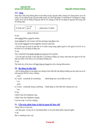 Upload bởi
www.viet-ebook.co.cc Nguyễn Hoàng Cương
Trang 82
29.3 Help
Help thực chất cũng không phải là một động từ gây nguyên nhân, nhưng nói chung được xem xét
cùng với các động từ gây nguyên nhân trong các sách ngữ pháp. N ó thường đi với động từ ở dạng
simple form (tức là động từ nguyên thể bỏ to), nhưng có thể đi với động từ nguyên thể trong một
số trường hợp.
To help smb - giống nhau về nghĩa.
(giúp ai làm gì)
Ví dụ:
John helped Mary wash the dishes.
Jorge helped the old woman with the packages (to) find a taxi.
The teacher helped Carolina find the research materials.
- N ếu tân ngữ sau help là một đại từ vô nhân xưng mang nghĩa người ta thì người ta bỏ đi và và
bỏ luôn cả to của động từ đằng sau.
Ví dụ:
This wonderful drug helps (people to) recover more quickly.
- N ếu tân ngữ của help và tân ngữ thứ 2 của động từ đằng sau trùng hợp nhau thì người ta bỏ tân
ngữ sau help và bỏ luôn cả to của động từ đằng sau.
Ví dụ:
The body fat of the bear will help (him to) keep him alive during hibernation.
30. Ba động từ đặc biệt
- Đó là những động từ mà nghĩa của chúng sẽ hơi biến đổi nếu động từ đằng sau tân ngữ của nó là
một nguyên thể bỏ to hay verbing.
hear
to watch somebody do something - Hành động trọn vẹn từ đầu tới cuối.
see
hear
to watch somebody doing something - Hành động có tính nhất thời, không trọn vẹn.
see
Ví dụ:
I didn’t hear the telephone ring.
I didn’t hear the telephone ringing.
I see her sing./ I see her singing.
31. Cấu trúc phức hợp và đại từ quan hệ thay thế
Tiếng Anh có 2 loại câu :
- câu đơn giản : là câu chỉ có một thành phần và chỉ một thành phần cũng đủ nghĩa.
ví dụ:
She is standing in the way.
to do
smth
d th
 