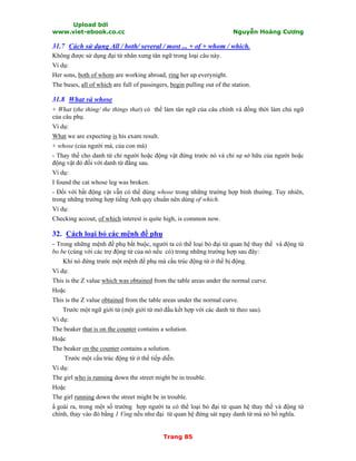 Upload bởi
www.viet-ebook.co.cc Nguyễn Hoàng Cương
Trang 85
31.7 Cách sử dụng All / both/ several / most ... + of + whom / which.
Không được sử dụng đại từ nhân xưng tân ngữ trong loại câu này.
Ví dụ:
Her sons, both of whom are working abroad, ring her up everynight.
The buses, all of which are full of passingers, begin pulling out of the station.
31.8 What và whose
+ What (the thing/ the things that) có thể làm tân ngữ của câu chính và đồng thời làm chủ ngữ
của câu phụ.
Ví dụ:
What we are expecting is his exam result.
+ whose (của người mà, của con mà)
- Thay thế cho danh từ chỉ người hoặc động vật đứng trước nó và chỉ sự sở hữu của người hoặc
động vật đó đối với danh từ đằng sau.
Ví dụ:
I found the cat whose leg was broken.
- Đối với bất động vật vẫn có thể dùng whose trong những trường hợp bình thường. Tuy nhiên,
trong những trường hợp tiếng Anh quy chuNn nên dùng of which.
Ví dụ:
Checking accout, of which interest is quite high, is common now.
32. Cách loại bỏ các mệnh đề phụ
- Trong những mệnh đề phụ bắt buộc, người ta có thể loại bỏ đại từ quan hệ thay thế và động từ
bo be (cùng với các trợ động từ của nó nếu có) trong những trường hợp sau đây:
Khi nó đứng trước một mệnh đề phụ mà cấu trúc động từ ở thể bị động.
Ví dụ:
This is the Z value which was obtained from the table areas under the normal curve.
Hoặc
This is the Z value obtained from the table areas under the normal curve.
Trước một ngữ giới từ (một giới từ mở đầu kết hợp với các danh từ theo sau).
Ví dụ:
The beaker that is on the counter contains a solution.
Hoặc
The beaker on the counter contains a solution.
Trước một cấu trúc động từ ở thể tiếp diễn.
Ví dụ:
The girl who is running down the street might be in trouble.
Hoặc
The girl running down the street might be in trouble.
N goài ra, trong một số trường hợp người ta có thể loại bỏ đại từ quan hệ thay thế và động từ
chính, thay vào đó bằng 1 Ving nếu như đại từ quan hệ đứng sát ngay danh từ mà nó bổ nghĩa.
 