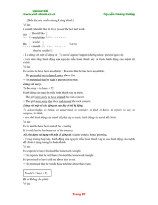 Upload bởi
www.viet-ebook.co.cc Nguyễn Hoàng Cương
Trang 87
(Diễn đạt ước muốn nhưng không thành.)
Ví dụ:
I would (should) like to have passed the test last week.
Should like
would like
would
should
(but he couldn’t)
- N ó dùng với một số động từ : To seem/ appear/ happen (dường như) / pretend (giả vờ).
- N ên nhớ rằng hành động của nguyên mẫu hoàn thành xảy ra trước hành động của mệnh đề
chính.
Ví dụ:
He seems to have been an athlete = It seems that he has been an athlete.
He pretended not to have known about that.
= He pretended that he hadn’t known about that.
Dùng với sorry.
To be sorry + to have + P2
Hành động của nguyên mẫu hoàn thành xảy ra trước.
The girl were sorry to have missed the rock concert.
= The girl were sorry that they had missed the rock concert.
Dùng với một số các động từ sau đây ở thể bị động.
To acknowledge, to belive, to understand, to consider, to find, to know, to report, to say, to
suppose, to think.
- nên nhớ hành động của mệnh đề phụ xảy ra trước hành động của mệnh đề chính.
Ví dụ:
He is said to have been out of the country.
It is said that he has been out of the country.
Nó còn được sử dụng với một số động từ : claim/ expect/ hope/ promise.
- Trong trường hợp này, hành động của nguyên mẫu hoàn thành xảy ra sau hành động của mệnh
đề chính ở dạng tương lai hoàn thành.
Ví dụ:
He expects to have finished the homework tonight.
= He expects that he will have finished the homework tonight.
He promised to have told me about that event.
= He promised that he would have told me about that event.
Needn’t + have + P2
(lẽ ra không cần phải)
Ví dụ:
He
to have seen the photos
He have
liked to see the photos
 