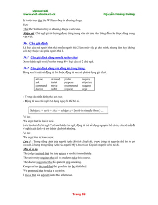 Upload bởi
www.viet-ebook.co.cc Nguyễn Hoàng Cương
Trang 89
It is obvious that the Williams boy is abusing drugs.
Hay
That the Williams boy is abusing drugs is obvious.
Nhận xét: Chủ ngữ giả it thường được dùng trong văn nói còn that đứng đầu câu được dùng trong
văn viết.
36. Câu giả định
Là loại câu mà người thứ nhất muốn người thứ 2 làm một việc gì cho mình, nhưng làm hay không
còn tuỳ thuộc vào phía người thứ 2.
36.1 Câu giả định dùng would rather that
Xem thành ngữ would rather trang 49 - loại câu có 2 chủ ngữ.
36.2 Câu giả định dùng với động từ trong bảng.
Bảng sau là một số động từ bắt buộc động từ sau nó phải ở dạng giả định.
advise
ask
command
decree
demand
insist
move
order
prefer
propose
recommend
request
require
stipulate
suggest
urge
- Trong câu nhất định phải có that.
- Động từ sau chủ ngữ 2 ở dạng nguyên thể bỏ to.
Subject1 + verb + that + subject 2+ [verb in simple form] ...
Ví dụ:
We urge that he leave now.
N ếu bỏ that đi chủ ngữ 2 sẽ trở thành tân ngữ, động từ trở về dạng nguyên thể có to, câu sẽ mất đi
ý nghĩa giả định và trở thành câu bình thường.
Ví dụ:
We urge him to leave now.
Lưu ý : Trong tiếng Anh của người Anh (British English), trước động từ nguyên thể bỏ to có
should. N hưng trong tiếng Anh của người Mỹ (American English) người ta bỏ nó đi.
Một số ví dụ
The judge insisted that the jury return a verdict immediately.
The university requires that all its students take this course.
The doctor suggested that his patient stop smoking.
Congress has decreed that the gasoline tax be abolished.
We proposed that he take a vacation.
I move that we adjourn until this afternoon.
 