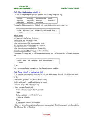 Upload bởi
www.viet-ebook.co.cc Nguyễn Hoàng Cương
Trang 90
36.3 Câu giả định dùng với tính từ
Các tính từ dùng trong câu giả định gồm các tính từ trong bảng dưới đây.
advised
important
mandatory
necessary
obligatory
proposed
recommended
required
suggested
urgent
imperative
Trong công thức sau, adjective chỉ định một trong các tính từ có trong bảng trên.
it + be + adjective + that + subject + [verb in simple form ]...
( any tense)
Một số ví dụ:
It is necessary that he find the books.
It was urgent that she leave at once.
It has been proposed that we change the topic.
It is important that you remember this question.
It has been suggested that he forget the election.
It was recommended that we wait for the authorities.
Trong một số trường hợp có thể dùng danh từ tương ứng với các tính từ ở trên theo công thức
sau.
it + be + noun + that + subject + [verb in simple form ]...
( any tense)
Ví dụ:
It is a recommendation from a doctor that the patient stop smoking.
36.4 Dùng với một số trường hợp khác
- Câu giả định còn dùng được trong một số câu cảm thán, thường bao hàm các thế lực siêu nhiên.
Ví dụ:
God save the queen !. Chúa phù hộ cho nữ hoàng.
God be with you ! = good bye (khi chia tay nhau)
Curse this frog !: chết tiệt con cóc này
- Dùng với một số thành ngữ:
Come what may: dù có chuyện gì đi nữa.
Ví dụ:
Come what may we will stand by you.
If need be : nếu cần
Ví dụ:
If need be we can take another road.
- Dùng với if this be trong trường hợp muốn nêu ra một giả định từ phía người nói nhưng không
thật chắc chắn lắm về khả năng.
 