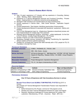 +91 9632790055
VENKATA RAMANA MURTY KOTRA
SUMMARY
 Over 18 years’ experience in IT Industry with key experience in Consulting ,Delivery
,Sales Banking , Hitech , Retail industries
 Experience in IT Service Management technical and Functional Consulting : Process
Design, Implementation for multivendor scenarios across geographies
 Managed IT SM Transitions and Transformations for large consulting firms
 Domain experience in Service Desk , Data Center Services , Application Support
Services
 Process assessments , Gap Analysis, Identifying opportunities of Improvements
 Product developments lifecycle for associated with operational assessment , Metrics and
Analytics
 Part of Crisis Management team for Infrastructure Operations streamlined process and
tools implementations for multiple large TCS customers
 Business Service Management Solutions, Automation , unified dashboards for the End
to End IT Delivery includes Project Management , ITIL Process
 Handled Projects up to USD 10 M across the geographies
 Developing managed services framework and defining Transforming the organization
delivery model to enhance customer experience.
 Certified ITIL V3 Expert and Trained Over 5000 internally with in TCS people for ITIL V3
Foundation in the last Five Years
TECHNOLOGY EXPERIENCE
SOFTWARE LANGUAGES COBOL , PACBASE,JCL , FOCUS , SAS
DATABASES DB2 , SQL Oracle , Access
SPECIAL SOFTWARE HP Service Manager 9.3 , IBM Mage Now , HP PPM , HP ALM , Business
Objects for Reporting , Release Control , CA CMDB , Unisys Peregrine
DOMAIN EXPERIENCE IT Operations
MANAGEMENT EXPERIENCE Project Management, Operations Management
PROCESS FRAMEWORKS ITIL V3 , Six Sigma Understanding of CMMI
EDUCATION SUMMARY
Degree and Date Institute Major and Specialization
Bachelor of Engineering in 1995 Osmania University, Hyderabad, India Mechanical Engineering
Masters in Technology in 1997 Delhi college of Engineering Industrial Engineering
PROFESSIONAL EXPERIENCE
Over 19 Years of Experience with Tata Consultancy Services in various
roles
DELIVERY FOCUS GROUP LEAD GLOBAL IT SM PRACTICE, IT IS TCS Aug 2015 to
Current
As a member of IT Service Management Transformation Practice I was responsible for
deriving the
• Define framework for ITIL Process common for TCS projects in IT IS
• Develop and Lead IT Service Management Solutions for Large TCS Projects
• Resolved Operational challenges for Process deployment for multiple TCS
customers ( Manufacturing , Hi Tech , Insurance , Retail , BFS etc )
1 | P a g e
 