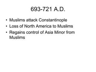 693-721 A.D.
• Muslims attack Constantinople
• Loss of North America to Muslims
• Regains control of Asia Minor from
Muslims
 