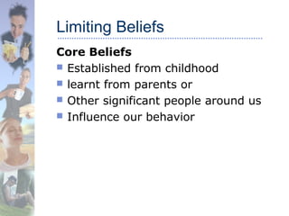 Limiting Beliefs
Core Beliefs
 Established from childhood
 learnt from parents or
 Other significant people around us
 Influence our behavior
 