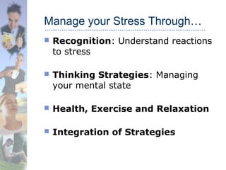 Manage your Stress Through…
 Recognition: Understand reactions
to stress
 Thinking Strategies: Managing
your mental state
 Health, Exercise and Relaxation
 Integration of Strategies
 
