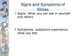 Signs and Symptoms of
Stress
 Signs: What you can see in yourself
and others
 Symptoms: subjective experience-
what you feel
 