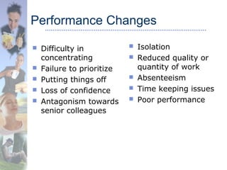 Performance Changes
 Difficulty in
concentrating
 Failure to prioritize
 Putting things off
 Loss of confidence
 Antagonism towards
senior colleagues
 Isolation
 Reduced quality or
quantity of work
 Absenteeism
 Time keeping issues
 Poor performance
 