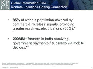 Global Information Flow –
                   Remote Locations Getting Connected


             • 85% of world’s population covered by
               commercial wireless signals, providing
               greater reach vs. electrical grid (80%).*

             • 200MM+ farmers in India receiving
               government payments / subsidies via mobile
               devices.**



Source: *GSM Association, United Nations. **There are 90MM Kisan credit card users and 118MM job card users, both of which do not require bank
accounts but utilize mobile phones as identity verification / payment confirmation, per Ministry of Rural Development, Government of India.

Copyright 2011. All rights reserved.
                                                                                                                                                 49
 