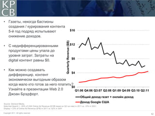 • Газеты, некогда бастионы
  создания / курирования контента
  5-й год подряд испытывают                                                             $16
  снижение доходов.




                                                                   Quarterly Revenue ($B)
• С недифференцированными                                                               $12

  продуктами цены упала до
  уровня затрат. Затраты на
                                                                                            $8
  digital контент равны $0.

• Как можно создавать
                                      $4
  дифференцир. контент
  экономически выгодным образом
  когда мало кто готов за него платить?
                                      $0
  Узнайте в презентации Web 2.0         Q1:06 Q4:06 Q3:07 Q2:08 Q1:09 Q4:09 Q3:10 Q2:11
  Джоан Брэдфорт.
                                                                                                 Общий доход газет + онлайн доход

Source: Demand Media.
                                                                                                 Доход Google США
Note that Search = ~50% of USA Online Ad Revenue ($15B based on Q2 run rate) in 2011 vs. <5% in 2001;
Display = 23% of Online Ad Revenue ($7B) in 2011 vs. 62% in 2001

Copyright 2011. All rights reserved.
                                                                                                                                    42
 