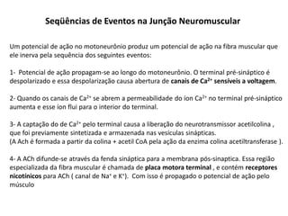 Seqüências de Eventos na Junção Neuromuscular
Um potencial de ação no motoneurônio produz um potencial de ação na fibra muscular que
ele inerva pela sequência dos seguintes eventos:
1- Potencial de ação propagam-se ao longo do motoneurônio. O terminal pré-sináptico é
despolarizado e essa despolarização causa abertura de canais de Ca2+ sensíveis a voltagem.
2- Quando os canais de Ca2+ se abrem a permeabilidade do íon Ca2+ no terminal pré-sináptico
aumenta e esse íon flui para o interior do terminal.
3- A captação do de Ca2+ pelo terminal causa a liberação do neurotransmissor acetilcolina ,
que foi previamente sintetizada e armazenada nas vesículas sinápticas.
(A Ach é formada a partir da colina + acetil CoA pela ação da enzima colina acetiltransferase ).
4- A ACh difunde-se através da fenda sináptica para a membrana pós-sinaptica. Essa região
especializada da fibra muscular é chamada de placa motora terminal , e contém receptores
nicotínicos para ACh ( canal de Na+ e K+). Com isso é propagado o potencial de ação pelo
músculo
 