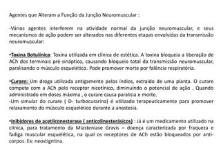 Agentes que Alteram a Função da Junção Neuromuscular :
-Vários agentes interferem na atividade normal da junção neuromuscular, e seus
mecanismos de ação podem ser alterados nas diferentes etapas envolvidas da transmissão
neuromuscular:
•Toxina Botulínica: Toxina utilizada em clínica de estética. A toxina bloqueia a liberação de
ACh dos terminais pré-sináptico, causando bloqueio total da transmissão neuromuscular,
paralisando o músculo esquelético. Pode promover morte por falência respiratória.
•Curare: Um droga utilizada antigamente pelos índios, extraído de uma planta. O curare
compete com a ACh pelo receptor nicotínico, diminuíndo o potencial de ação . Quando
administrado em doses máxima , o curare causa paralisia e morte.
-Um simular do curare ( D- turbocurarina) é utilizado terapeuticamente para promover
relaxamento do músculo esquelético durante a anestesia.
•Inibidores de acetilconesterase ( anticolinesterásicos) : Já é um medicamento utilizado na
clínica, para tratamento da Miasteniase Gravis – doença caracterizada por fraqueza e
fadiga muscular esquelética, na qual os receptores de ACh estão bloqueados por anti-
corpos. Ex: neostigmina.
 