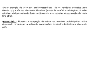 -Outro exemplo de ação dos anticolinesterásicos são os remédios utilizados para
demência, que afeta os idosos com Alzheimer ( morte de neurônios colinérgicos). Um dos
principais efeitos colaterais desse medicamente, é a excessiva desaceleração do nodo
Sino-atrial.
•Hemocolínio : bloqueia a recaptação de colina nos terminais pré-sinápticos, assim
depletando os estoques de colina do motoneurônio terminal e diminuindo a síntese de
ACh.
 