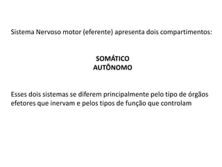 Sistema Nervoso motor (eferente) apresenta dois compartimentos:
SOMÁTICO
AUTÔNOMO
Esses dois sistemas se diferem principalmente pelo tipo de órgãos
efetores que inervam e pelos tipos de função que controlam
 