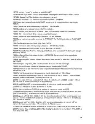 1972 O primeiro " e-mail " é enviado na rede ARPANET.
1973 Vint Cerf (o pai da INTERNET) apresenta em um congresso a idéia básica da INTERNET.
1975 Bill Gates e Paul Allen desistem dos estudos em Harvard.
1979 Nasce a USENET. As primeiras escolas se conectam à ARPANET.
1982 Nasce a primeira definição de INERNET: um conjunto de redes que utilizam o protocolo
TCP/IP.
1984 O número de redes interligadas já ultrapassa 1.000 unidades.
1986 Explode o número de conexões entre Universidades.
1988 O primeiro vírus lançado na INTERNET afeta 6.000 subredes, das 60.000 existentes.
1988 O IRC - Internet Realy Chat é criado por Jarkko Oikarinen.
1989 O número de redes interligadas já ultrapassa 100.000 unidades.
1990 Surge o primeiro provedor comercial da INTERNET: The World (world.std.org). A ARPANET
acaba.
1991 Tim Berners-Lee cria o World Wide Web - WWW.
1992 O número de redes interligadas já ultrapassa 1.000.000 de unidades.
1993 A Web se torna domínio público. A mídia descobre a INTERNET.
1994 A Web se torna o 2º serviço mais popular da Rede, atrás apenas do FTP. Começam a surgir
shoppings virtuais.
1994 Jim Clark e Marc Andreessen fundam a NETSCAPE. Surgem os primeiros provedores
comerciais no Brasil.
1995 A Web ultrapassa o FTP e passa a ser o serviço mais utilizado da Rede. Bill Gates se rende a
INTERNET.
1995 Começa a surgir Java, VML e as ferramentas de busca com alta tecnologia.
1996 A Microsoft investe milhões de dólares e cria uma divisão de INTERNET.
1997 Estimativas da IDC-International Data Corporation são de 20 milhões de domínios registrados
na Web nos EUA.
1998 No final do ano o número de usuários no mundo é estimado em 150 milhões.
1999 O Brasil será responsável por 88% de todas as vendas on line na América Latina em 1999,
segundo um estudo de Boston Consulting Group (BCG).
2000 O comércio eletrônico passou de 1,09 milhão de visitantes, em set/2000, para 2,61 milhões
em set/2002, de acordo com medição do Ibope eRatings.
2001 Entre 2000 e 2001, o número de usuários de internet no mundo aumentou 27%.
2002 Há 627 milhões de usuários de internet no mundo.
2002 A ONU contabilizou 171.600 mil de páginas de internet no mundo em 2002.
2002 Serviços financeiros na Internet cresceu 192% em número de usuários nos últimos dois anos
(set/2000 a set/2002), de acordo com medição do Ibope eRatings.
2003 Segundo o PNAD 2003 (IBGE) 11,4% dos domicílios brasileiros tinham um computador com
acesso a internet em 2003. Este percentual correspondia a um total de 7 milhões de domicílios ou
19,3 milhões de pessoas.
2003 Segundo a UIT em 2003 o Brasil era o 11º em número de usuários de internet, o 5º em
número de Hosts (servidores) e o 10º em número de PCs no mundo.
2003 Há 676 milhões de usuários de internet no mundo – 11,8% da população do planeta de 2003.
2003 No total, a ONU contabilizou 233 milhões de páginas de internet no mundo em 2003, 35,8% a
mais do que em 2002.



                                                                                              15
 