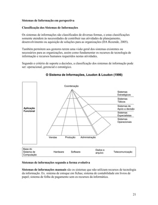 Sistemas de Informação em perspectiva

Classificação dos Sistemas de Informações

Os sistemas de informações são classificados de diversas formas, e estas classificações
somente atendem às necessidades de contribuir nas atividades de planejamento,
desenvolvimento ou aquisição de soluções para as organizações (DA Rezende, 2005).

Também permitem aos gestores terem uma visão geral dos sistemas existentes ou
necessários para as organizações, assim como fundamentar os recursos de tecnologia de
informação e recursos humanos requeridos nestas atividades.

Segundo o critério de suporte a decisões, a classificação dos sistemas de informação pode
ser: operacional, gerencial e estratégico.

                   O Sistema de Informações, Loudon & Loudon (1996)


                                    Coordenação

                                                                             Sistemas
                                                                             Estratégicos
                                                                             Sistemas
                                                                             Táticos
                                                                             Sistemas de
 Aplicação                                                                   Apoio a decisão
 Funcional
                                                                             Sistemas
                                                                             Especialistas
                                                                             Sistemas
                                                                             Operacionais




                     Vendas         Produção        Administração



Base do                                                         Dados e
Sistema de               Hardware        Software               arquivo   Telecomunicação
Computação


Sistemas de informações segundo a forma evolutiva

Sistemas de informações manuais são os sistemas que não utilizam recursos de tecnologia
da informação. Ex. sistema de estoque em fichas; sistema de contabilidade em livros de
papel; sistema de folha de pagamento sem os recursos da informática.




                                                                                             21
 
