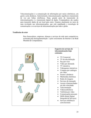 Telecomunicações é a comunicação de informações por meios eletrônicos, em
         geral a certa distância. Anteriormente, telecomunicações significava transmissão
         de voz por linhas telefônicas. Hoje, grande parte da transmissão de
         telecomunicações é a transmissão digital de dados. Computadores são usados
         para transmitir dados de um local para outro. Estamos atualmente no meio de
         uma revolução nas telecomunicações, que está espalhando a tecnologia de
         comunicações e os serviços de telecomunicações por todo o globo.


Tendências do setor

             Para fornecedores, empresas, alianças e serviços de rede mais competitivos,
             acelerada pela desregulamentação e pelo crescimento da Internet e da Rede
             Mundial de Computadores.



                                                        Expectro de serviços de
                                                        telecomunicações hoje
                                                        existentes

                                                               TV Comercial
                                                               TV de alta definição
                                                               Pay-per-view
                                                               Vídeo por demanda
                                                               TV interativa
                                                               Videogames interativos
                                                               Compras por catálogos
                                                               em vídeo
                                                               Ensino à distância
                                                               Multimídia eletrônica
                                                               Redes de imagens
                                                               Serviços de transação
                                                               Acesso à Internet/dados
                                                               em alta velocidade
                                                               Telecomutação
                                                               Videoconferência
                                                               Telefonia por vídeo
                                                               Comunicações pessoais
                                                               ISDN (Rede Digital
                                                               Integrada de Serviços)
                                                               Serviços telefônicos
                                                               convencionais




                                                                                      25
 