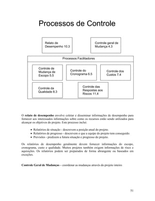 Processos de Controle

                  Relato de                               Controle geral de
                  Desempenho 10.3                         Mudança 4.3


                                Processos Facilitadores


             Controle de
             Mudança de               Controle do                  Controle dos
             Escopo 5.5               Cronograma 6.5               Custos 7.4


                                                Controle das
             Controle da
                                                Respostas aos
             Qualidade 8.3
                                                Riscos 11.4




O relato de desempenho envolve coletar e disseminar informações de desempenho para
fornecer aos interessados informações sobre como os recursos estão sendo utilizados para
alcançar os objetivos do projeto. Este processo inclui:

         Relatórios de situação - descrevem a posição atual do projeto.
         Relatórios de progresso - descrevem o que a equipe do projeto tem conseguido.
         Previsões - predizem a futura situação e progresso do projeto.

Os relatórios de desempenho geralmente devem fornecer informações do escopo,
cronograma, custo e qualidade. Muitos projetos também exigem informações de risco e
aquisições. Os relatórios podem ser preparados de forma abrangente ou baseados em
exceções.


Controle Geral de Mudanças – coordenar as mudanças através do projeto inteiro




                                                                                         51
 