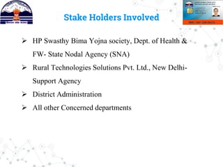 Stake Holders Involved
 HP Swasthy Bima Yojna society, Dept. of Health &
FW- State Nodal Agency (SNA)
 Rural Technologies Solutions Pvt. Ltd., New Delhi-
Support Agency
 District Administration
 All other Concerned departments
 