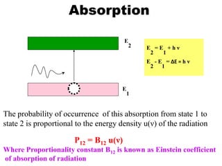 Absorption

                                        E
                                         2    E =E +hν
                                               2  1
                                              E - E = ΔE = h ν
                                               2 1


                                       E
                                        1


The probability of occurrence of this absorption from state 1 to
state 2 is proportional to the energy density u(ν) of the radiation

                       P12 = B12 u(ν)
Where Proportionality constant B12 is known as Einstein coefficient
of absorption of radiation
 