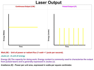 Laser Output
                   Continuous Output (CW)                              Pulsed Output (P)




                                                     Energy (Joules)
  Energy (Watts)




                      Time                                                Time


Watt (W) - Unit of power or radiant flux (1 watt = 1 joule per second).
Joule (J) - A unit of energy
Energy (Q) The capacity for doing work. Energy content is commonly used to characterize the output
from pulsed lasers and is generally expressed in Joules (J).
Irradiance (E) - Power per unit area, expressed in watts per square centimeter.
 