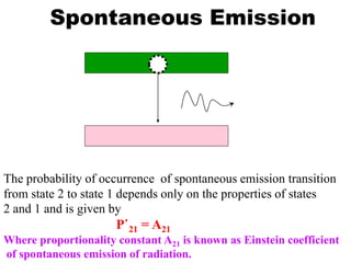 Spontaneous Emission




The probability of occurrence of spontaneous emission transition
from state 2 to state 1 depends only on the properties of states
2 and 1 and is given by
                      P΄21 = A21
Where proportionality constant A21 is known as Einstein coefficient
of spontaneous emission of radiation.
 