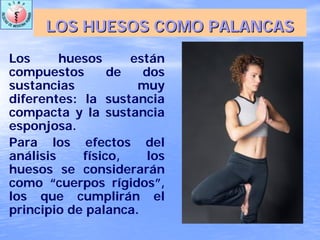 LOS HUESOS COMO PALANCASLOS HUESOS COMO PALANCAS
Los huesos están
compuestos de dos
sustancias muy
diferentes: la sustancia
compacta y la sustancia
esponjosa.
Para los efectos del
análisis físico, los
huesos se considerarán
como “cuerpos rígidos”,
los que cumplirán el
principio de palanca.
 