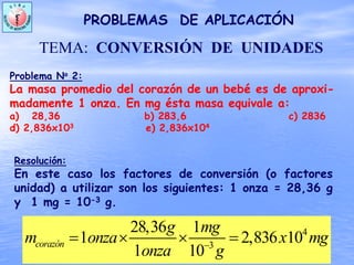 Problema No 2:
La masa promedio del corazón de un bebé es de aproxi-
madamente 1 onza. En mg ésta masa equivale a:
a) 28,36 b) 283,6 c) 2836
d) 2,836x103 e) 2,836x104
PROBLEMAS DE APLICACIÓN
TEMA: CONVERSIÓN DE UNIDADES
4
3
28,36 1
1 2,836 10
1 10
corazón
g mg
m onza x mg
onza g−
= × × =
Resolución:
En este caso los factores de conversión (o factores
unidad) a utilizar son los siguientes: 1 onza = 28,36 g
y 1 mg = 10-3 g.
 