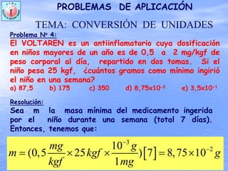 Problema No 4:
El VOLTAREN es un antiinflamatorio cuya dosificación
en niños mayores de un año es de 0,5 a 2 mg/kgf de
peso corporal al día, repartido en dos tomas. Si el
niño pesa 25 kgf, ¿cuántos gramos como mínimo ingirió
el niño en una semana?
a) 87,5 b) 175 c) 350 d) 8,75x10-2 e) 3,5x10-1
PROBLEMAS DE APLICACIÓN
TEMA: CONVERSIÓN DE UNIDADES
[ ]
3
210
(0,5 25 ) 7 8,75 10
1
mg g
m kgf g
kgf mg
−
−
= × × = ×
Resolución:
Sea m la masa mínima del medicamento ingerida
por el niño durante una semana (total 7 días).
Entonces, tenemos que:
 