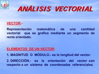 ANANÁÁLISIS VECTORIALLISIS VECTORIAL
VECTOR.-
Representación matemática de una cantidad
vectorial que se grafica mediante un segmento de
recta orientado.
ELEMENTOS DE UN VECTOR:
1. MAGNITUD O MÓDULO.- es la longitud del vector.
2. DIRECCIÓN.- es la orientación del vector con
respecto a un sistema de coordenadas referenciales.
 