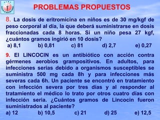 PROBLEMAS PROPUESTOSPROBLEMAS PROPUESTOS
8. La dosis de eritromicina en niños es de 30 mg/kgf de
peso corporal al día, la que deberá suministrarse en dosis
fraccionadas cada 8 horas. Si un niño pesa 27 kgf,
¿cuántos gramos ingirió en 10 dosis?
a) 8,1 b) 0,81 c) 81 d) 2,7 e) 0,27
9. El LINCOCIN es un antibiótico con acción contra
gérmenes aerobios grampositivos. En adultos, para
infecciones serias debido a organismos susceptibles se
suministra 500 mg cada 8h y para infecciones más
severas cada 6h. Un paciente se encontró en tratamiento
con infección severa por tres días y al responder al
tratamiento el médico lo trato por otros cuatro días con
infección seria. ¿Cuántos gramos de Lincocin fueron
suministrados al paciente?
a) 12 b) 10,5 c) 21 d) 25 e) 12,5
 
