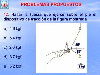 PROBLEMAS PROPUESTOS
12. Hallar la fuerza que ejerce sobre el pie el
dispositivo de tracción de la figura mostrada.
55º
25º
3 kgf
a) 4,6 kgf
b) 6,4 kgf
c) 2,6 kgf
d) 3,7 kgf
e) 5,2 kgf
 