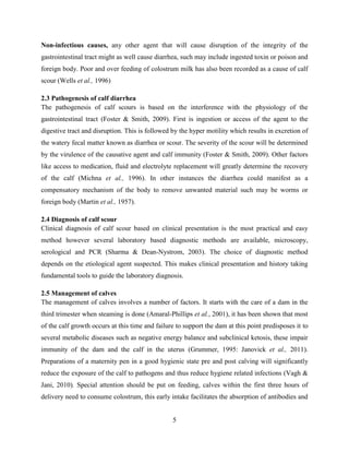5
Non-infectious causes, any other agent that will cause disruption of the integrity of the
gastrointestinal tract might as well cause diarrhea, such may include ingested toxin or poison and
foreign body. Poor and over feeding of colostrum milk has also been recorded as a cause of calf
scour (Wells et al., 1996)
2.3 Pathogenesis of calf diarrhea
The pathogenesis of calf scours is based on the interference with the physiology of the
gastrointestinal tract (Foster & Smith, 2009). First is ingestion or access of the agent to the
digestive tract and disruption. This is followed by the hyper motility which results in excretion of
the watery fecal matter known as diarrhea or scour. The severity of the scour will be determined
by the virulence of the causative agent and calf immunity (Foster & Smith, 2009). Other factors
like access to medication, fluid and electrolyte replacement will greatly determine the recovery
of the calf (Michna et al., 1996). In other instances the diarrhea could manifest as a
compensatory mechanism of the body to remove unwanted material such may be worms or
foreign body (Martin et al., 1957).
2.4 Diagnosis of calf scour
Clinical diagnosis of calf scour based on clinical presentation is the most practical and easy
method however several laboratory based diagnostic methods are available, microscopy,
serological and PCR (Sharma & Dean-Nystrom, 2003). The choice of diagnostic method
depends on the etiological agent suspected. This makes clinical presentation and history taking
fundamental tools to guide the laboratory diagnosis.
2.5 Management of calves
The management of calves involves a number of factors. It starts with the care of a dam in the
third trimester when steaming is done (Amaral-Phillips et al., 2001), it has been shown that most
of the calf growth occurs at this time and failure to support the dam at this point predisposes it to
several metabolic diseases such as negative energy balance and subclinical ketosis, these impair
immunity of the dam and the calf in the uterus (Grummer, 1995: Janovick et al., 2011).
Preparations of a maternity pen in a good hygienic state pre and post calving will significantly
reduce the exposure of the calf to pathogens and thus reduce hygiene related infections (Vagh &
Jani, 2010). Special attention should be put on feeding, calves within the first three hours of
delivery need to consume colostrum, this early intake facilitates the absorption of antibodies and
 
