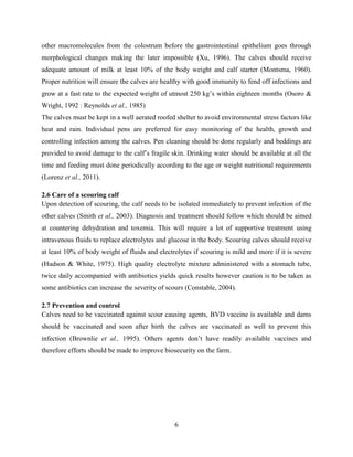6
other macromolecules from the colostrum before the gastrointestinal epithelium goes through
morphological changes making the later impossible (Xu, 1996). The calves should receive
adequate amount of milk at least 10% of the body weight and calf starter (Montsma, 1960).
Proper nutrition will ensure the calves are healthy with good immunity to fend off infections and
grow at a fast rate to the expected weight of utmost 250 kg’s within eighteen months (Osoro &
Wright, 1992 : Reynolds et al., 1985)
The calves must be kept in a well aerated roofed shelter to avoid environmental stress factors like
heat and rain. Individual pens are preferred for easy monitoring of the health, growth and
controlling infection among the calves. Pen cleaning should be done regularly and beddings are
provided to avoid damage to the calf’s fragile skin. Drinking water should be available at all the
time and feeding must done periodically according to the age or weight nutritional requirements
(Lorenz et al., 2011).
2.6 Care of a scouring calf
Upon detection of scouring, the calf needs to be isolated immediately to prevent infection of the
other calves (Smith et al., 2003). Diagnosis and treatment should follow which should be aimed
at countering dehydration and toxemia. This will require a lot of supportive treatment using
intravenous fluids to replace electrolytes and glucose in the body. Scouring calves should receive
at least 10% of body weight of fluids and electrolytes if scouring is mild and more if it is severe
(Hudson & White, 1975). High quality electrolyte mixture administered with a stomach tube,
twice daily accompanied with antibiotics yields quick results however caution is to be taken as
some antibiotics can increase the severity of scours (Constable, 2004).
2.7 Prevention and control
Calves need to be vaccinated against scour causing agents, BVD vaccine is available and dams
should be vaccinated and soon after birth the calves are vaccinated as well to prevent this
infection (Brownlie et al., 1995). Others agents don’t have readily available vaccines and
therefore efforts should be made to improve biosecurity on the farm.
 