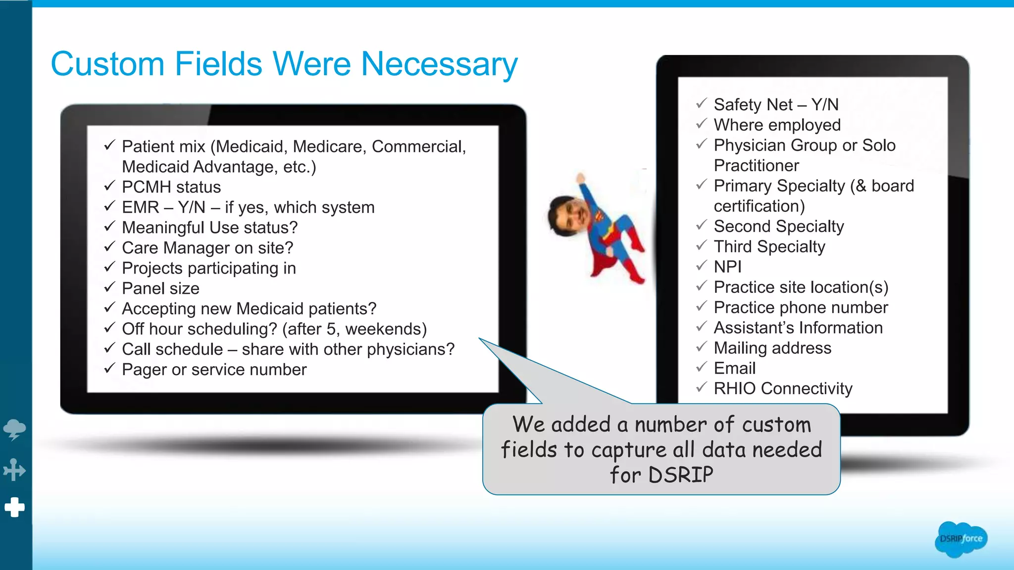 Custom Fields Were Necessary
 Safety Net – Y/N
 Where employed
 Physician Group or Solo
Practitioner
 Primary Specialty (& board
certification)
 Second Specialty
 Third Specialty
 NPI
 Practice site location(s)
 Practice phone number
 Assistant’s Information
 Mailing address
 Email
 RHIO Connectivity
 Patient mix (Medicaid, Medicare, Commercial,
Medicaid Advantage, etc.)
 PCMH status
 EMR – Y/N – if yes, which system
 Meaningful Use status?
 Care Manager on site?
 Projects participating in
 Panel size
 Accepting new Medicaid patients?
 Off hour scheduling? (after 5, weekends)
 Call schedule – share with other physicians?
 Pager or service number
We added a number of custom
fields to capture all data needed
for DSRIP
 